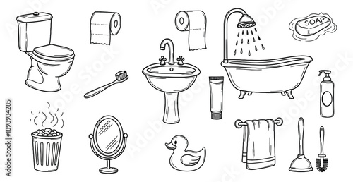 Hand drawn line art bathroom essentials set featuring a toilet, bathtub, sink, and hygiene products for home and personal care concepts