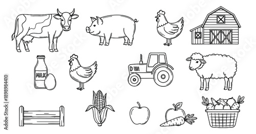 Hand drawn line art farm icons set featuring a cow, pig, chickens, sheep, barn, tractor, milk, and produce for agricultural designs