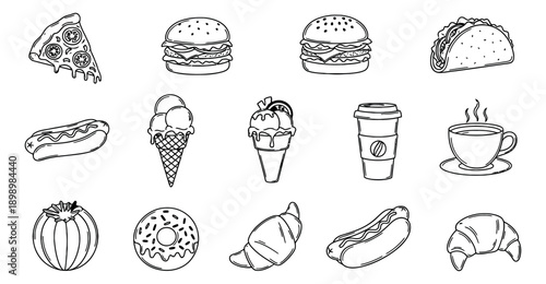 Hand drawn line art fast food and drink set featuring popular snacks and beverages for menus and casual dining