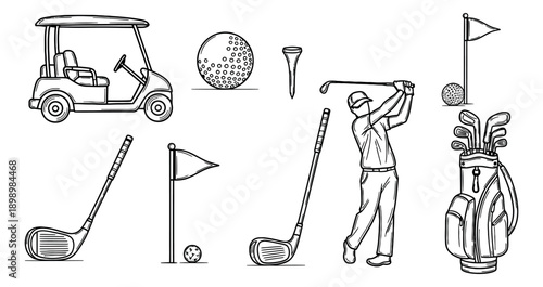 Hand drawn line art golf set featuring a golf cart, ball, clubs, tee, flag, and a golfer for sports and recreation