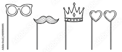 Hand drawn line art photo booth props set featuring glasses, mustache, crown and hearts for parties and celebrations