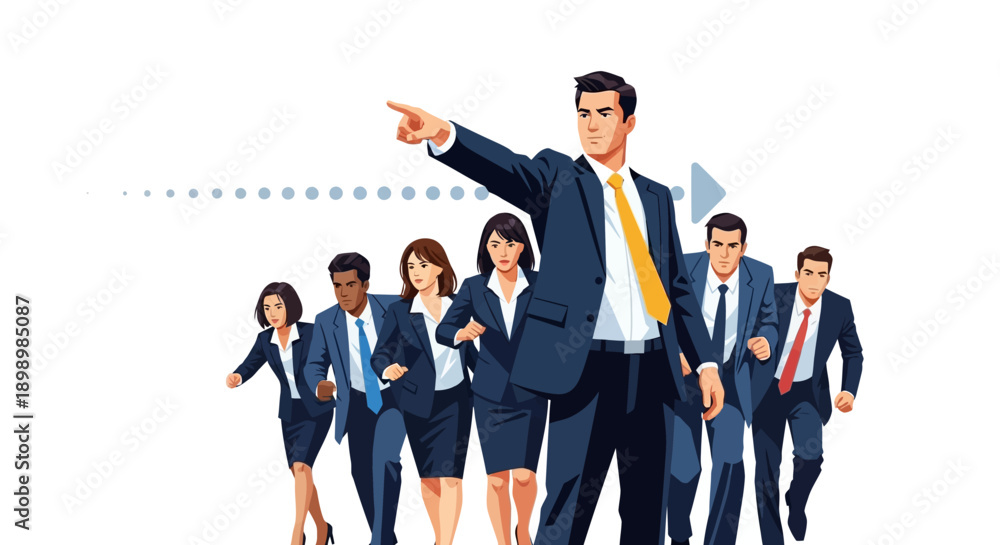 Obraz premium A professional team of successful corporate businesspeople in suits stands together against a white background, showcasing leadership and smiling workers in a collaborative office environment