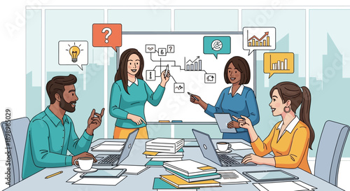 A smiling professional business team including a diverse group of businessmen and businesswomen engages in a productive office meeting and laptop discussion showcasing effective teamwork