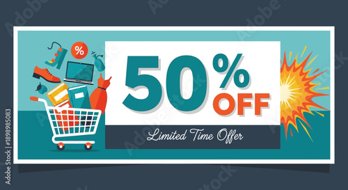 3D vector illustration of an online shopping cart with a sale label and discount sign on a laptop screen symbolizing a business web store concept