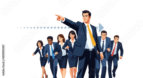 A professional team of successful corporate businesspeople in suits stands together against a white background, showcasing leadership and smiling workers in a collaborative office environment