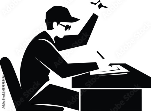 Black and white silhouette of a person wearing a cap and glasses, sitting at a desk, writing on paper with a pen, with one hand raised holding a small object, suggesting study or investigation.