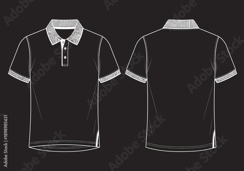 Front and back view of a black polo shirt.