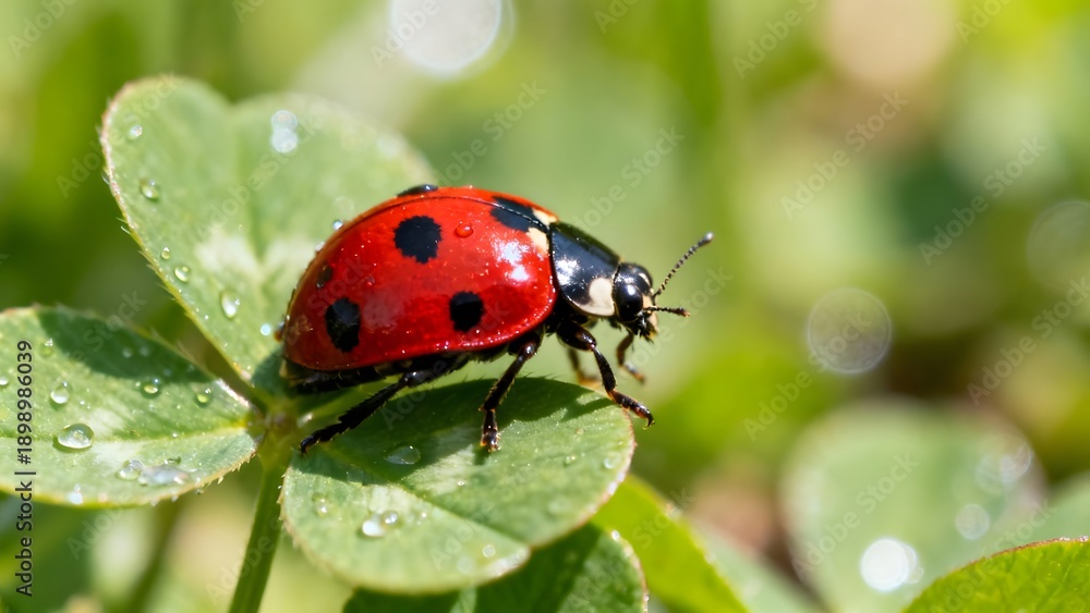 Fototapeta premium Extreme Macro of Red Ladybug with Dew Drops on Green Clover Leaf