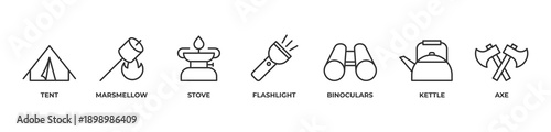 Outdoor Camping Kit Icons set vector illustration outline with Tent, Marsmellow, Stove, Flashlight, Binoculars, Kettle, Axe