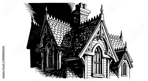 Black and white illustration of a Gothic-style building with steep pointed roofs and ornate architectural details