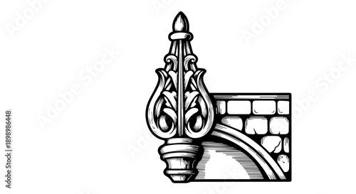 Ornate architectural finial with intricate scrollwork and floral motifs on a striated base