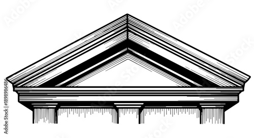 Black and white line drawing of a traditional gabled roof with intricate architectural detailing