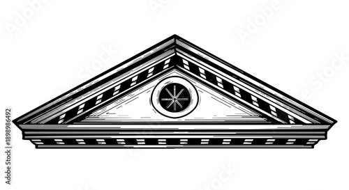 Upper facade of a classical building with a symmetrical triangular pediment and a central circular starburst motif