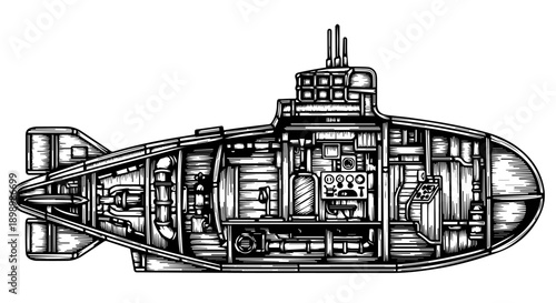 Black and white line drawing of a submarine in a detailed cross-sectional view