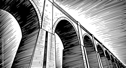 Black and white illustration of a grand stone bridge or aqueduct with large arches