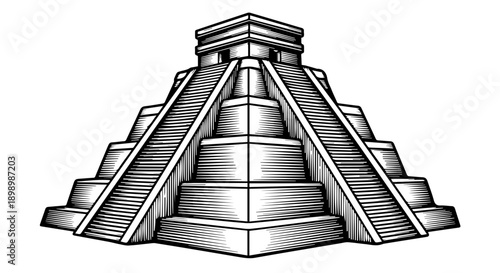 Black and white illustration of an ancient Mesoamerican pyramid with stepped tiers