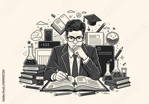 Young Man Studying Hard in a Library Surrounded by Books and Scientific Equipment.