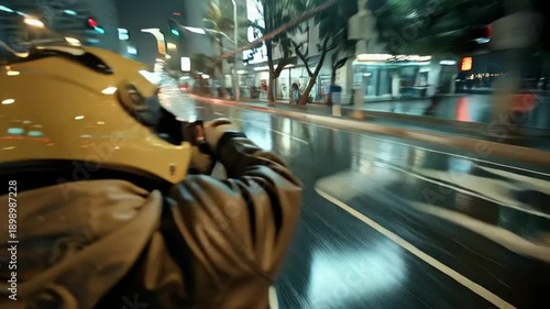 Motorcycle POV at Night on Wet City Street with Traffic and Lights Reflection