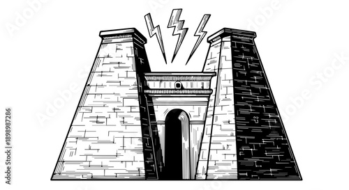 Black and white illustration of a grand symmetrical archway with towers and lightning bolts