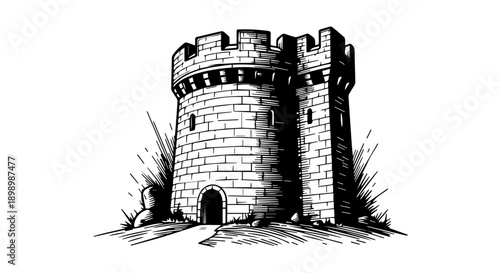 Medieval stone tower with crenellations and pointed arch entrance in black-and-white illustration