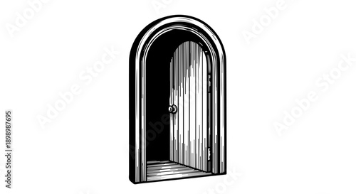 Symmetrical arched doorway with a slightly open door and round doorknob