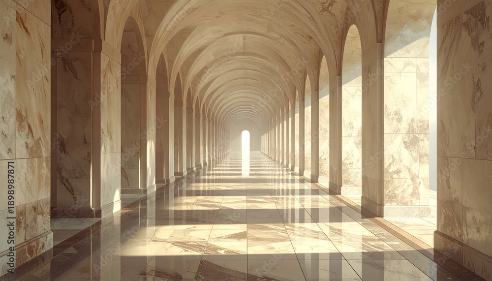 Obraz premium Long marble arched corridor, sunlight streaming from the end, creating a bright tunnel