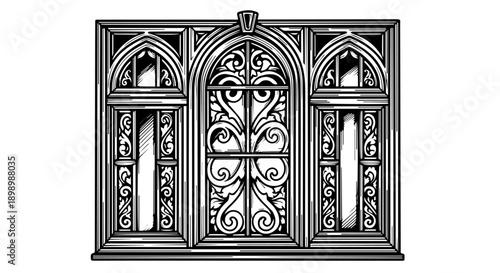 Ornate multi-paneled window with classical architectural details in black and white