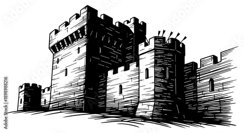 Black and white illustration of a medieval castle with fortified towers and crenellated walls