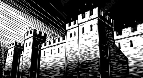 Medieval castle wall with crenellated towers and stone texture in black and white