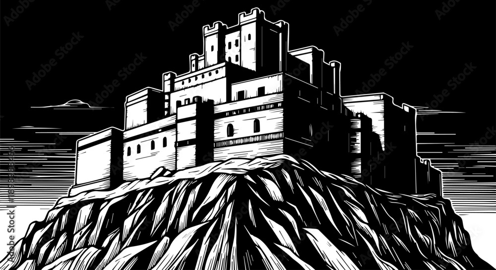 Fototapeta premium Medieval castle on rocky hill with towers and turrets in black and white illustration