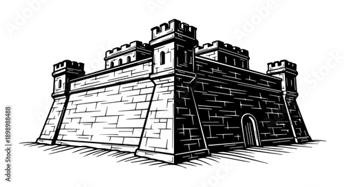 Black and white line art illustration of a detailed medieval castle with stone walls, towers, and crenellated battlements