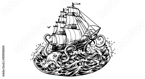 Black and white illustration of a historic sailing ship battling a massive sea creature