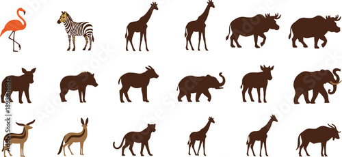 African safari animal silhouettes collection zebra giraffe elephant rhino antelope wildlife vector set isolated nature icons design pack