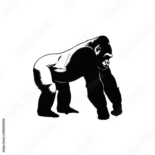 A powerful black silhouette of a gorilla standing on all fours with an open mouth, depicted in a graphic, bold style on a white background.