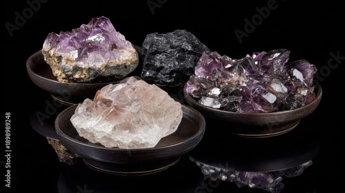 Arrangement of polished amethyst gemstones in bowls on a black surface