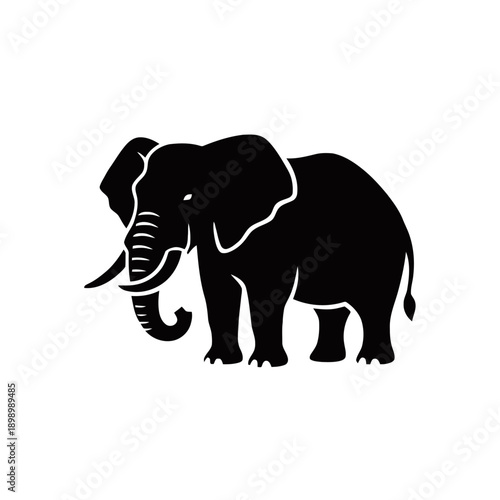 A striking black silhouette of an African elephant with large tusks and ears.