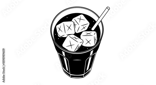 Vector icon of a glass of iced coffee or cola with ice cubes and a straw in a minimalist style.
