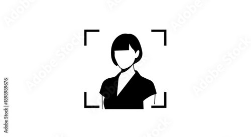 Female user profile icon with face scanner (Face ID) frame in black and white minimalist style.