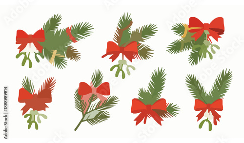 Pine and Fir Tree Branches with Ribbon and Mistletoe Flat Vector Set