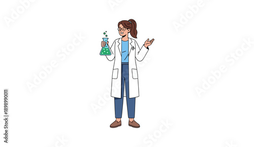 Female scientist in white lab coat holding a chemical flask with green liquid.