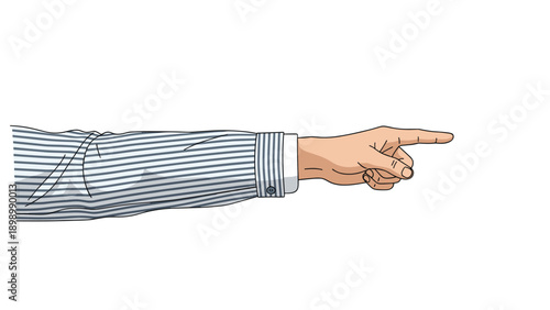 Person wearing a blue and white striped shirt pointing their index finger to the right against a plain white background, indicating direction.