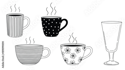 Charming collection of hand-drawn coffee mugs with different patterns and a tall glass, all emitting steam on a clean white background.