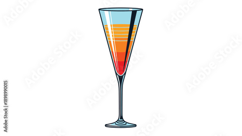 Elegant tall cocktail glass filled with a colorful layered drink in shades of orange, red, and blue, featuring a dark stirring straw inside.
