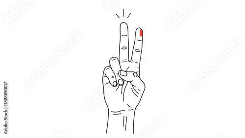 Simple black and white line drawing of a hand making a peace sign with the index finger highlighted by a single red fingernail.