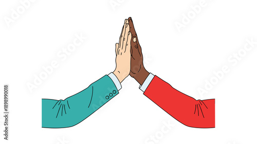 High-five gesture between two hands with different skin tones wearing suits, symbolizing teamwork, success, diversity, and mutual agreement.