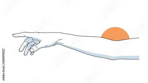 Artistic illustration of a hand reaching out horizontally with an orange sun setting behind the forearm on a plain white background.