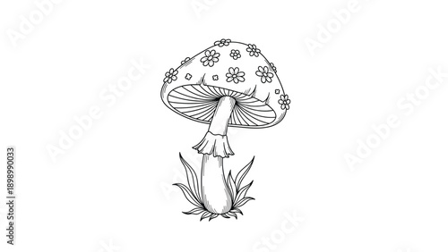 Detailed black and white line drawing of a tall mushroom featuring a cap covered in small flowers and surrounded by leaves at the base.