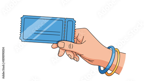 Close-up of a hand with colorful bracelets holding a blue perforated ticket, representing entertainment, travel, or an upcoming event.