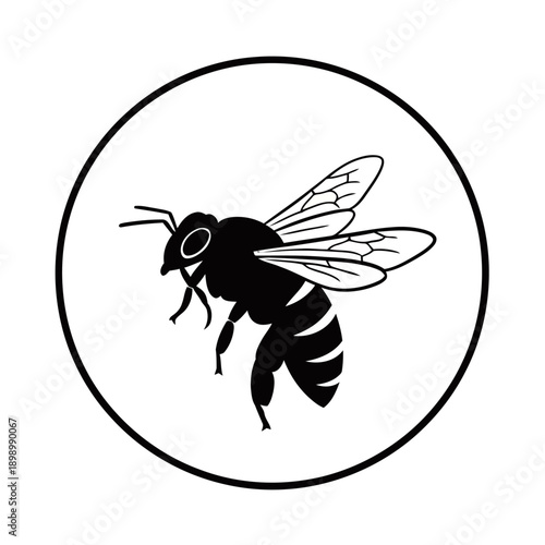 A black and white illustration of a bee in flight, enclosed within a circular border.