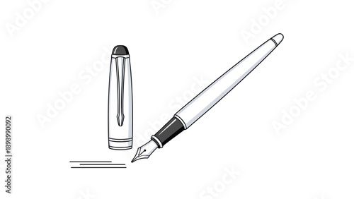 Elegant fountain pen with its cap removed placed next to horizontal lines as if writing on a white background.